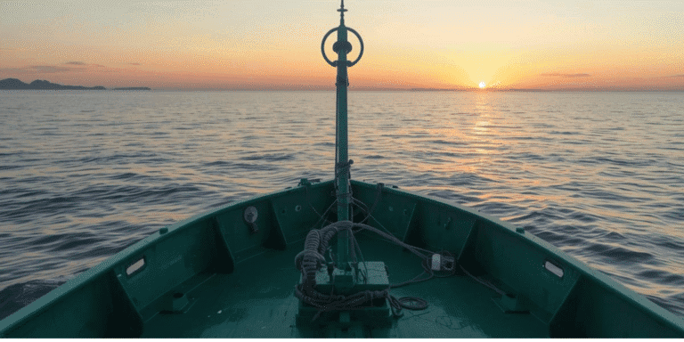 Barco en el mar durante una puesta de sol, vista desde la proa.