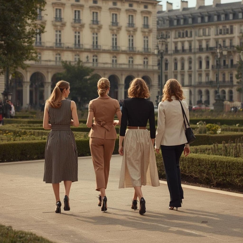 Cuatro mujeres caminando por un parque en una ciudad europea.