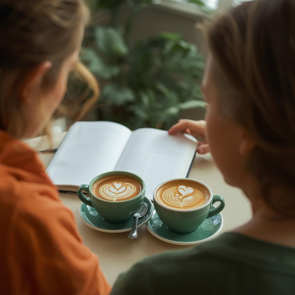 Taza de café con arte latte en una cafetería acogedora.