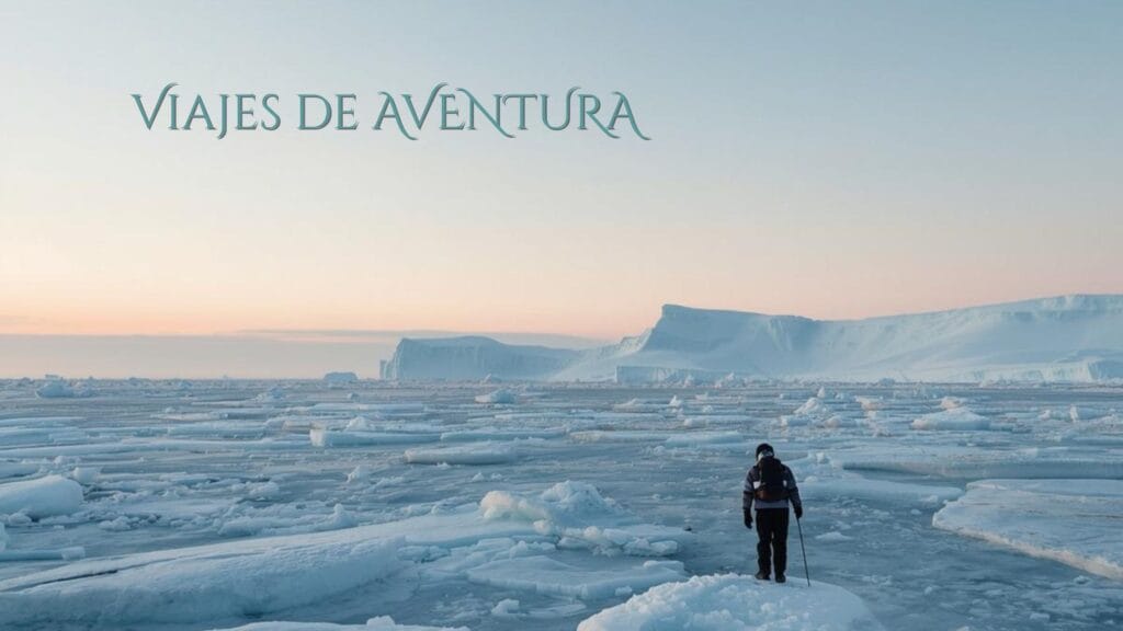 Aventurero caminando sobre hielo en un paisaje polar al atardecer.