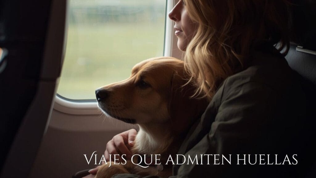 Viajera con perro mirando por la ventana en un avión.