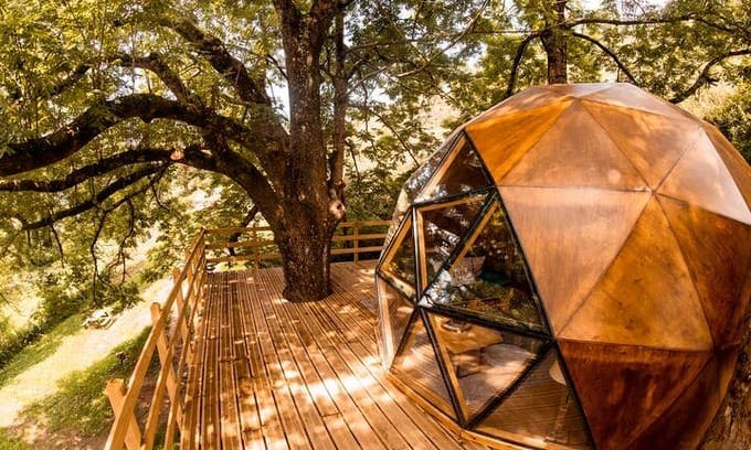Una cabaña geodésica de madera en un entorno natural con árboles y terraza.
