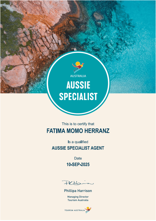 Certificado de especialista en Australia para Fatima Momo Herranz, 10 de septiembre de 2025.