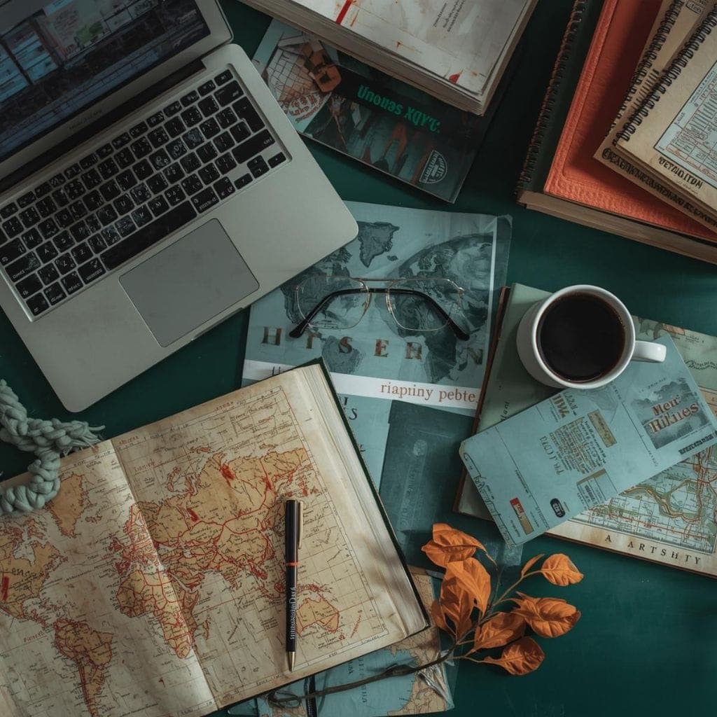 Explorando mapas y documentos de viaje en un escritorio de aventurero.