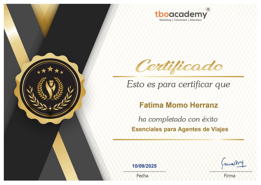 Certificado de reconocimiento para Fatima Momo Herranz por completar con éxito el curso de Esenciale.