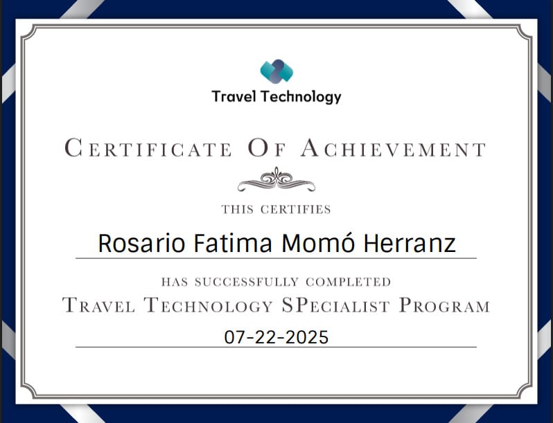 Certificado de logro en tecnología de viajes para Rosario Fatima Momó Herranz.