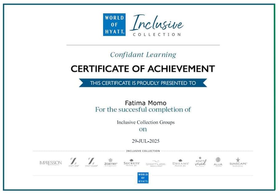 Certificado de logro de la colección inclusiva del World of Hyatt, otorgado a Fatima Momo en 2025.