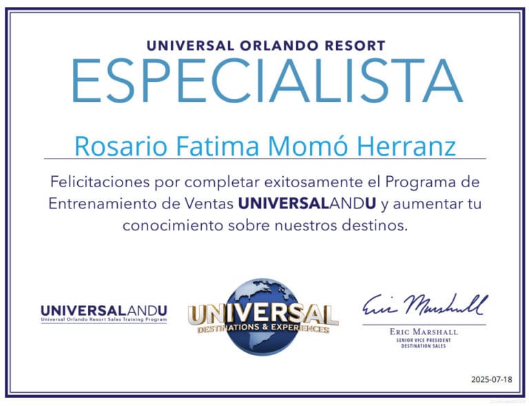 Aprendizaje y entrenamiento en ventas en Universal Orlando Resort, certificado para Rosario Fatima M.