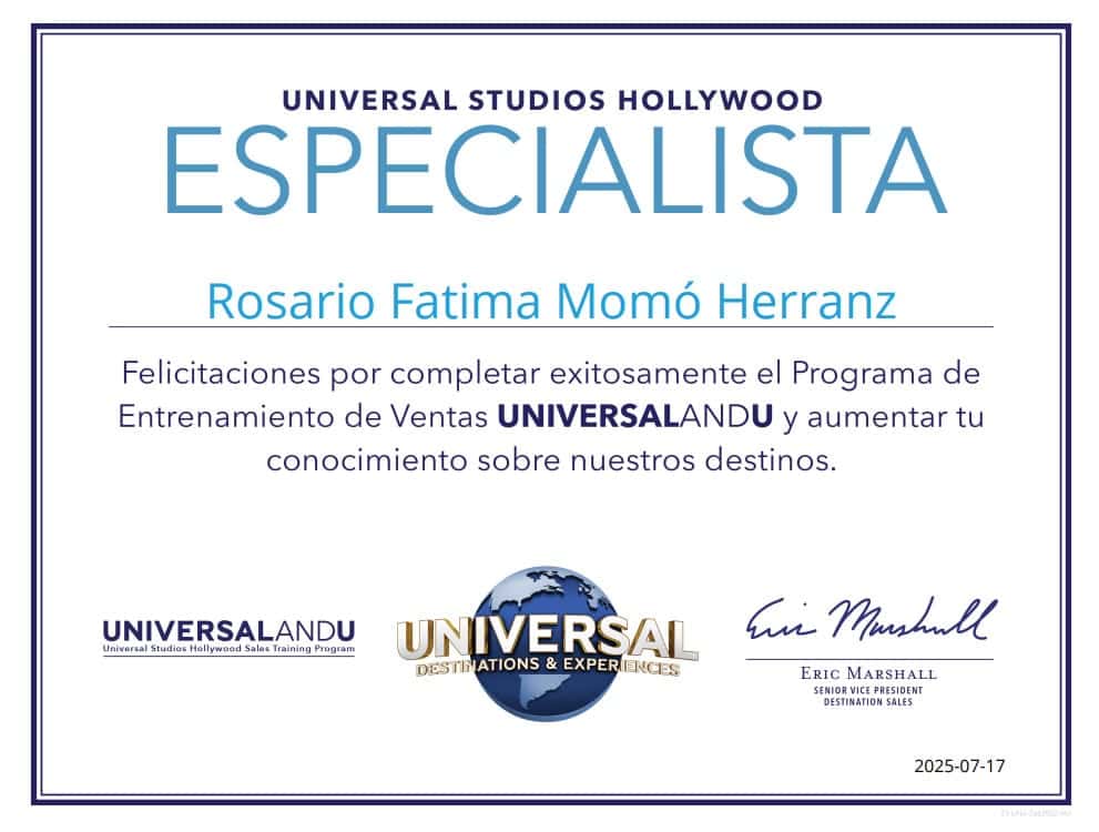 Certificado de finalización del programa de ventas de Universal Studios Hollywood.