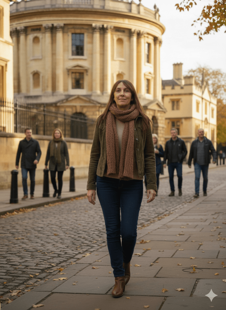 Mujer caminando por la ciudad con edificios históricos al fondo.
