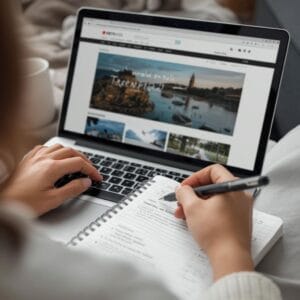 Explorando contenido en un portátil con una libreta y bolígrafo en mano, en un ambiente cómodo y rel.