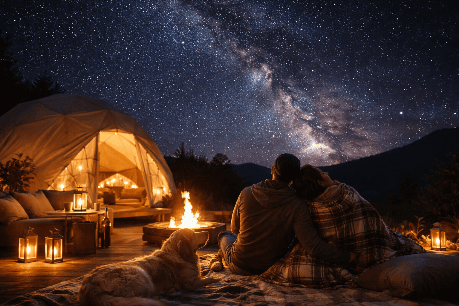 Acampada bajo las estrellas y la Vía Láctea en un entorno natural y tranquilo.