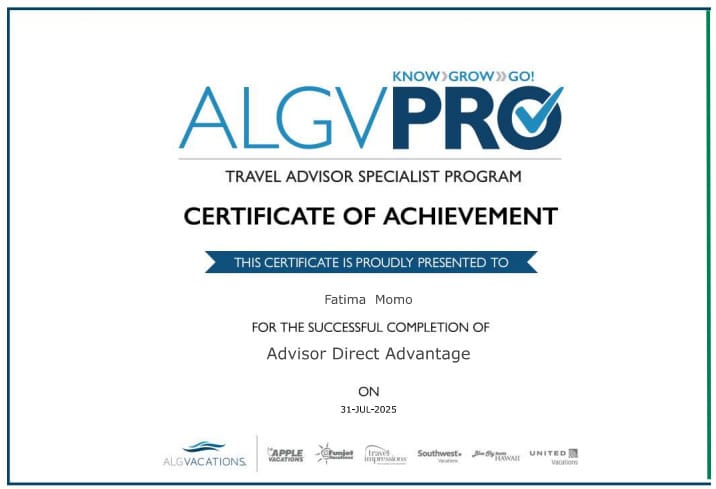 Certificado de logro en asesoría de viajes, presentado a Fatima Momo por completar con éxito el prog.