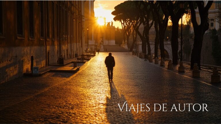 Paseo al atardecer con sombra larga en calle empedrada, árboles y edificios históricos.