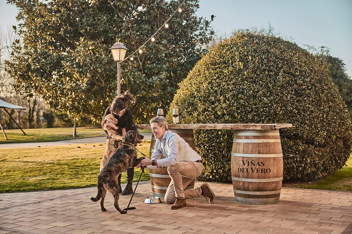 Perro y mujer en parque con barril de vino y arbustos grandes.