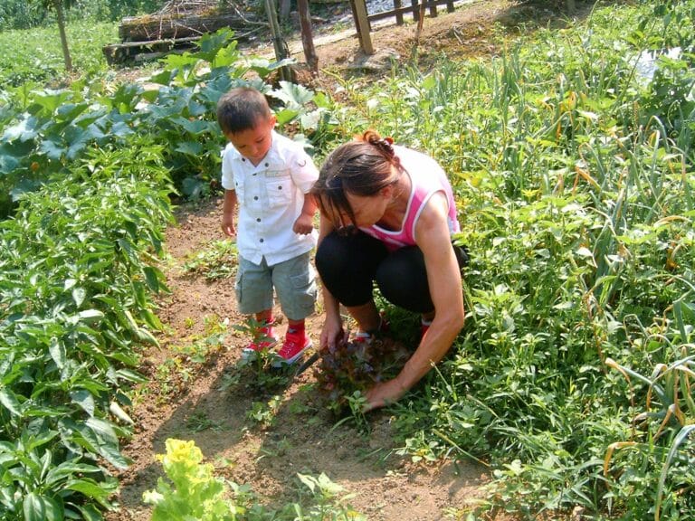 Cultivando en un huerto con un niño y una mujer en un entorno natural.
