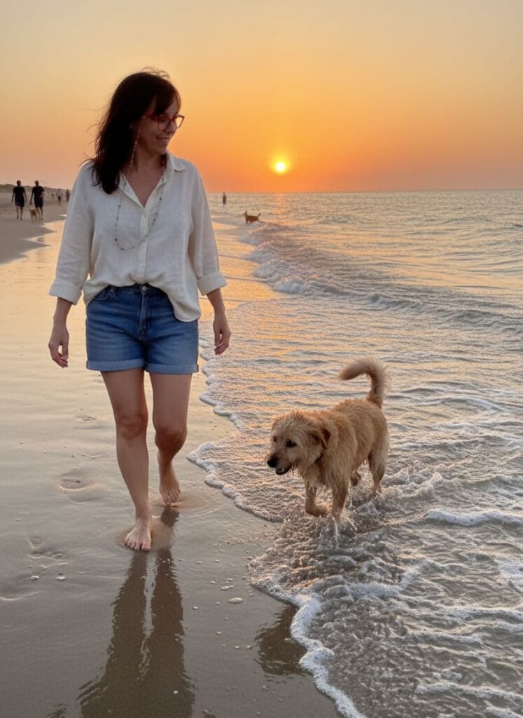 Disfrutando de un paseo en la playa con un perro durante el atardecer en Rumbo & Ave.