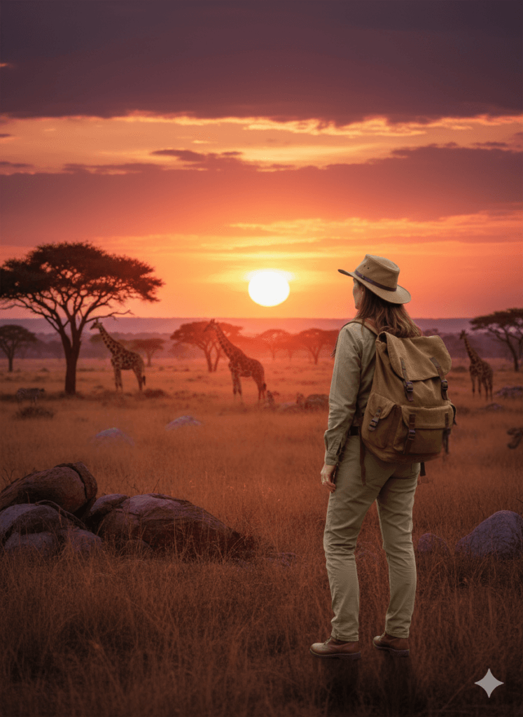 Mujer observando jirafas en la sabana africana al atardecer.
