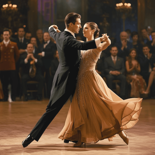 Bailarines en un elegante baile de salón en un salón con iluminación cálida y público observando en.